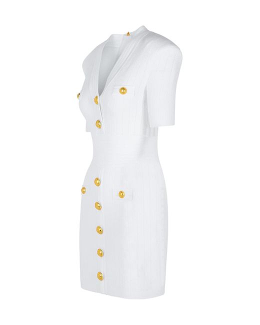 Balmain White Button Embellished Knitted Dress