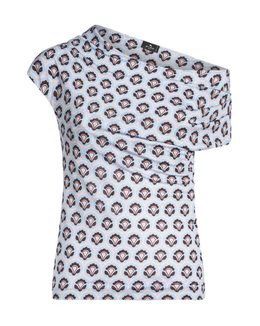 Etro Blue Pattern-Printed Off-Shoulder Asymmetric Top