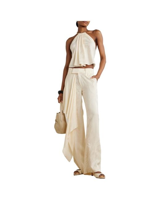 Johanna Ortiz White Patterned Satin Straight-Leg Pants