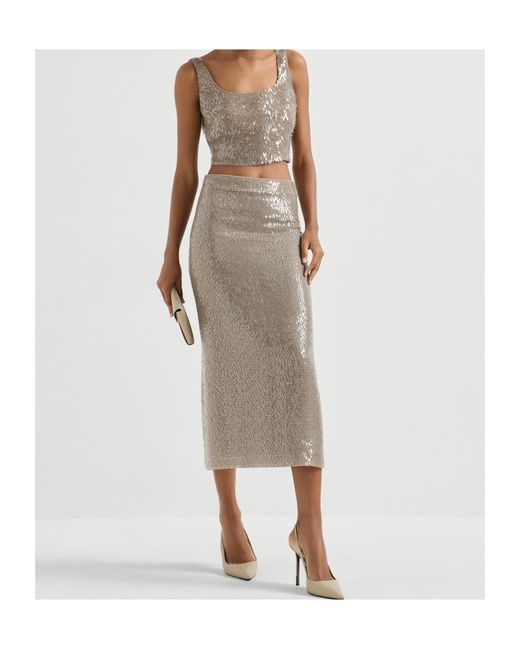 Brunello Cucinelli Multicolor Sequinned Silk Midi Skirt