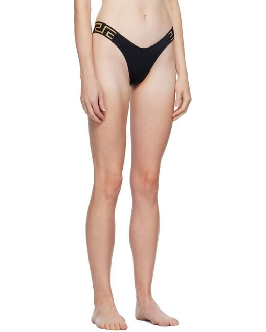 Versace Black Greca-Pattern Printed Thong Bikini Bottoms