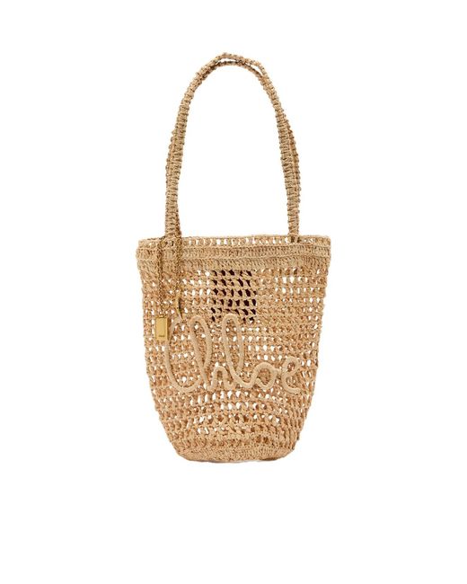 Chloé White Summer Banana Logo Raffia Tote