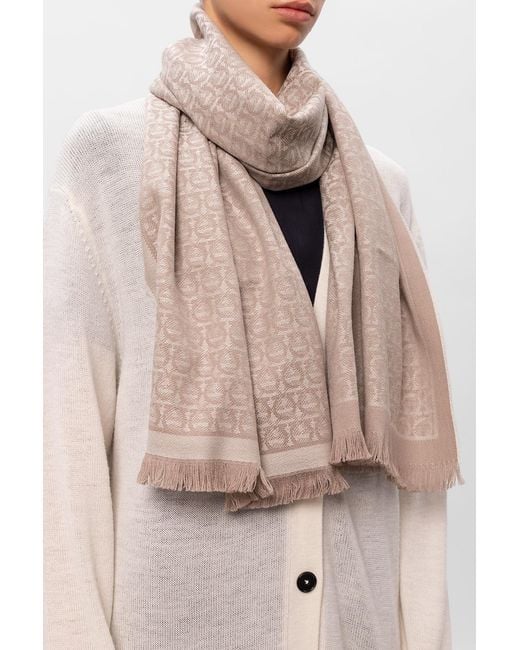 Ferragamo Natural Gancini Patterned Fringed Scarf
