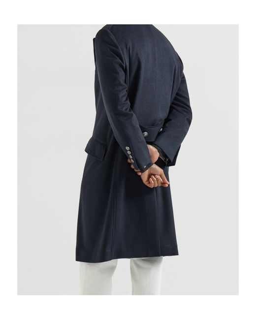 Brunello Cucinelli Blue Cashmere Chevron Flannel One-And-A Half Breasted Coat With Peak Lapels And Metal Buttons for men
