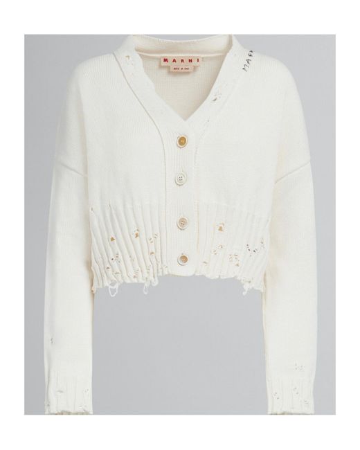 Marni White Distressed Cropped Knitted Cardigan