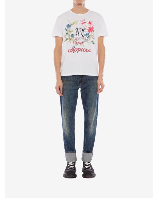 McQueen White Deconstructed Floral Skull T-Shirt for men