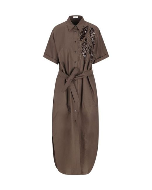Brunello Cucinelli Brown Dazzling Seabed Embroidery Poplin Dress