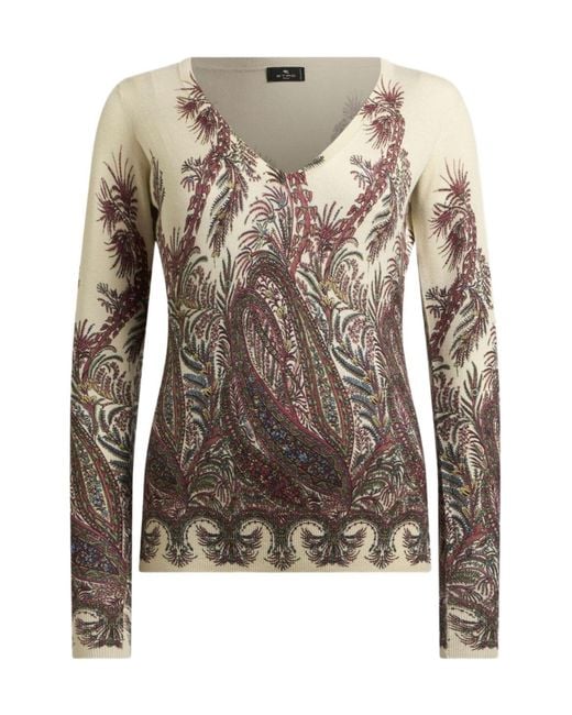 Etro Brown Paisley-Print V-Neck Sweater