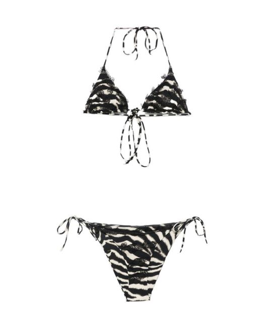 Ermanno Scervino White Zebra Printed Lace Trim Bikini