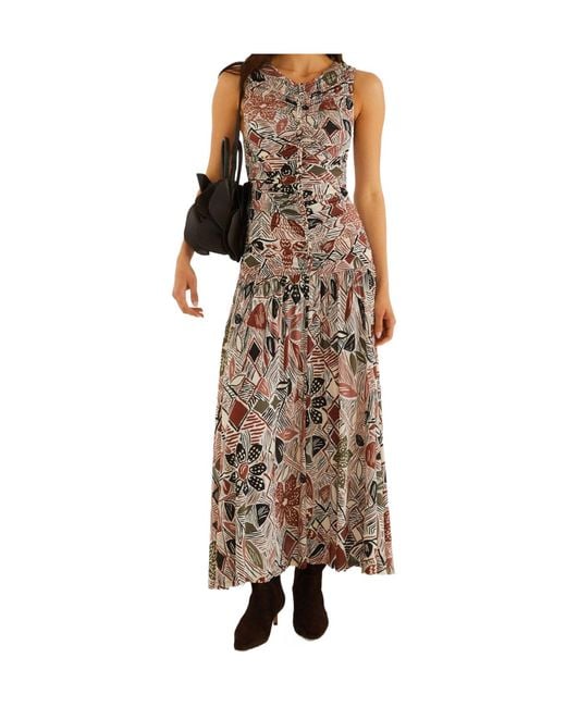 Farm Rio Brown Abstract-Print Ruched Midi Dress