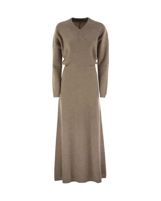 Brunello Cucinelli Natural V-Neck Knitted Maxi Dress