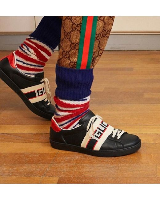 Gucci Black And Cream Logo Stripe Leather Sneaker for men