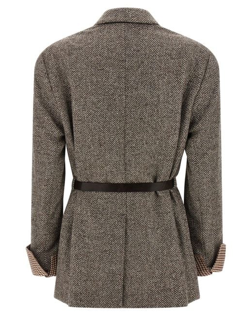 Brunello Cucinelli Brown Peak Lapel Belted Blazer