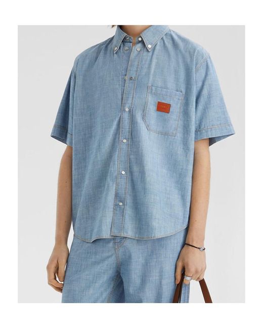 Fendi Blue Logo Patch Short Sleeved Denim Shirt for men