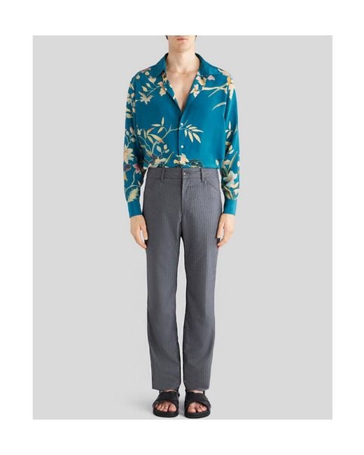 Etro Blue Floral Print Collared Button-Up Shirt for men