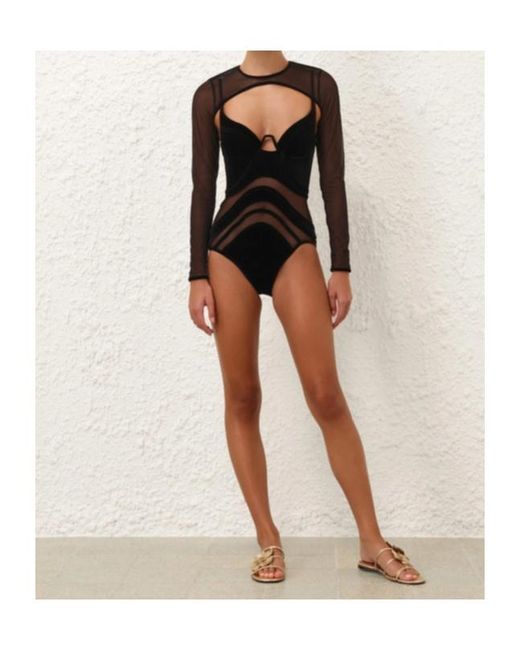 Zimmermann Black Mesh-Insert Velvet Bodysuit