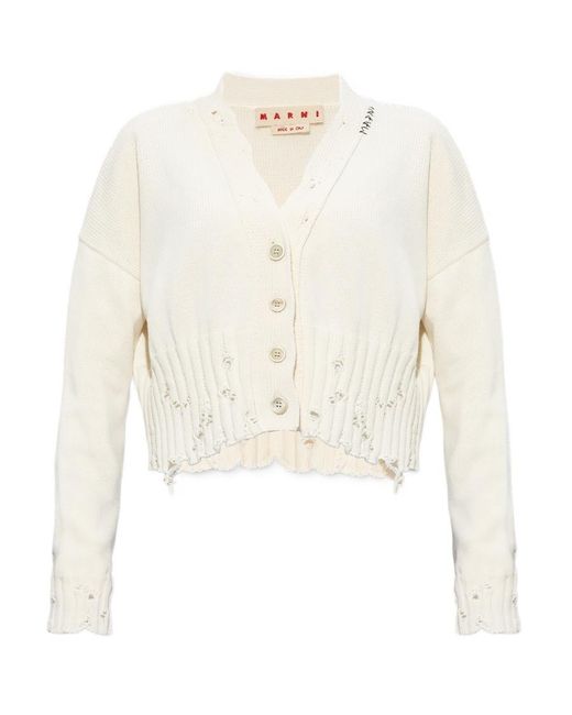 Marni White Distressed Cropped Knitted Cardigan