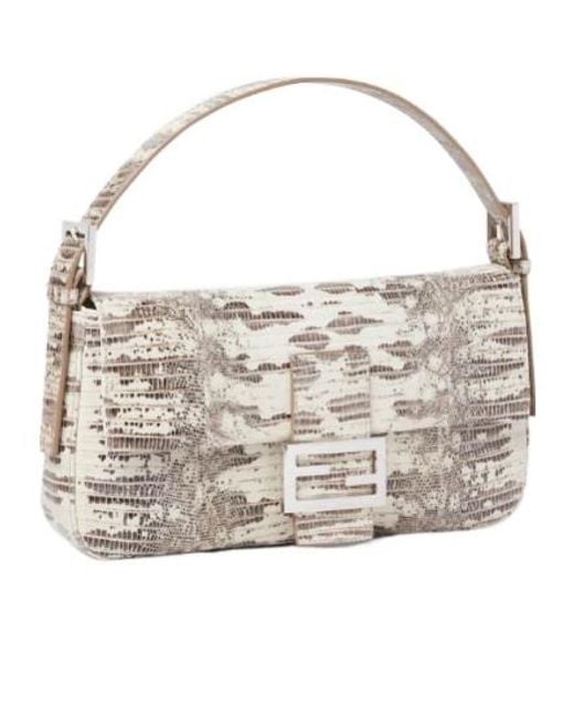 Fendi Metallic Baguette 26424 Parchment-Coloured Lizard-Leather Bag