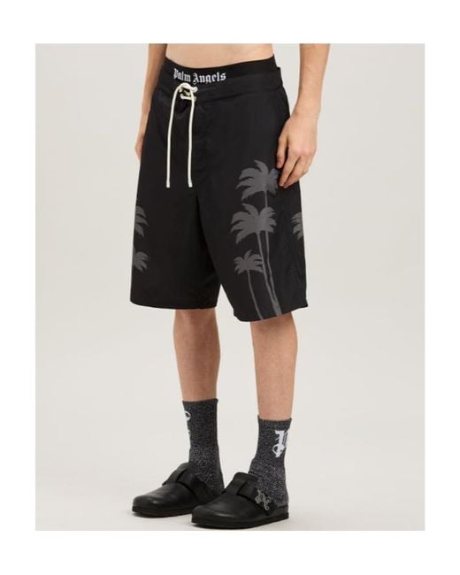 Palm Angels Black Palms Printed Drawstring Swim Shorts for men