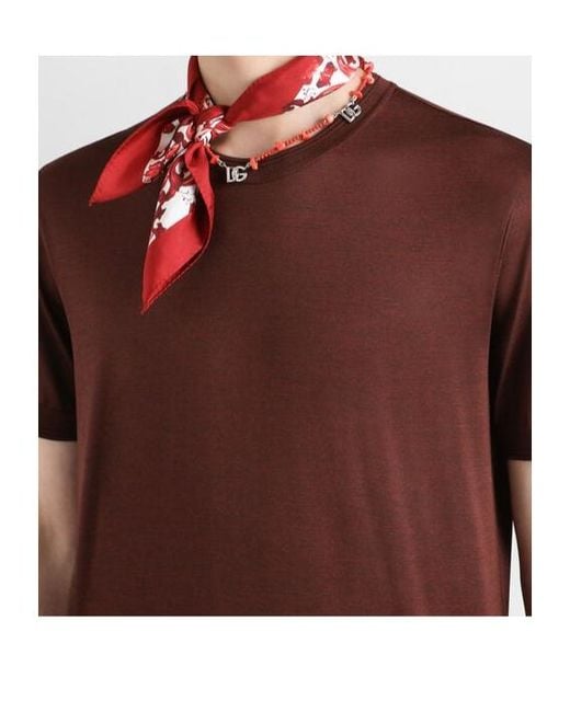 Dolce & Gabbana Brown Logo Patch Silk T-Shirt for men