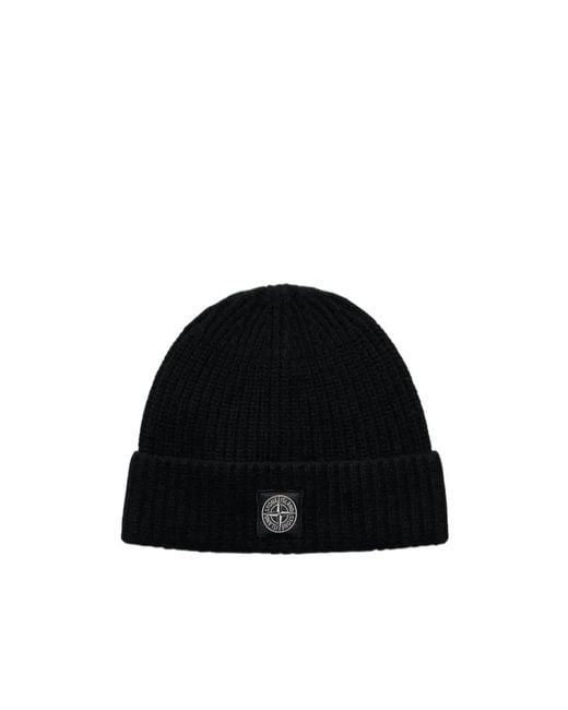 Stone Island Black Ribbed Knit Hat for men