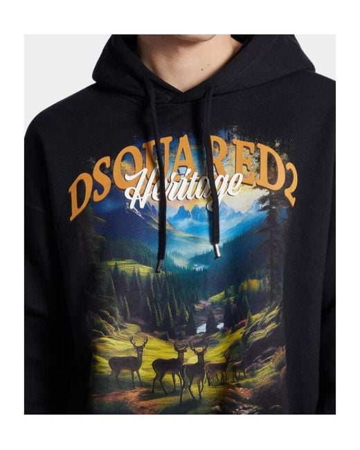 DSquared² Black Illustration-Style Print Hoodie With Relaxed Fit for men
