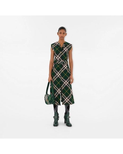 Burberry Green Check Motif Wool Midi Dress