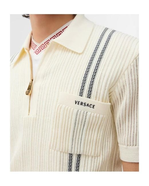 Versace White Logo-Embroidered Knitted Polo Shirt for men