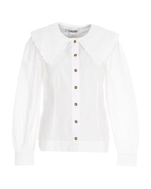 Ganni White Ruffled Poplin Shirt