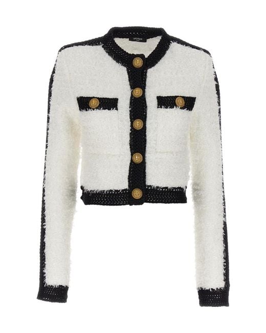 Balmain White Buttoned Cropped Tweed Jacket