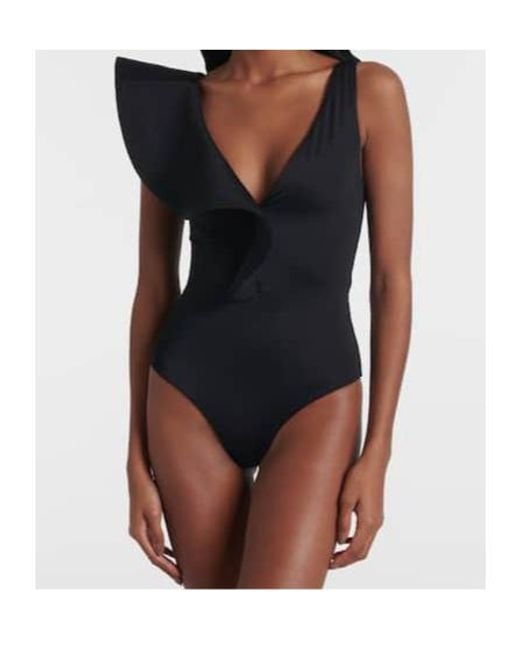 Johanna Ortiz Black Asymmetric Ruffled Swimsuit