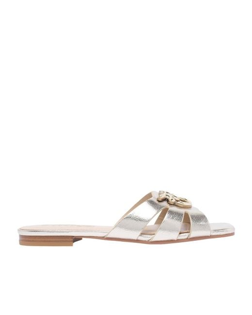 Pinko White Logo Plaque Metallic Sandals