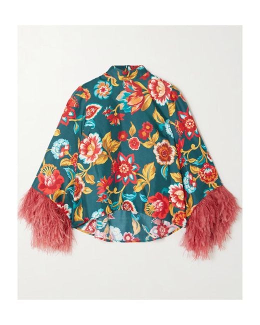LaDoubleJ Red Feather-Trimmed Printed Cover-Up