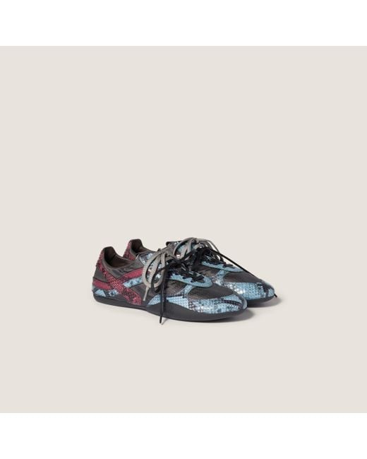 Miu Miu Blue Gymnasium Technical Fabric And Python-Print Ayers Leather Sneakers
