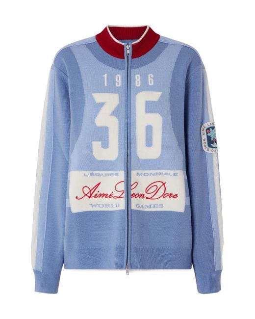 Aimé Leon Dore Blue Jacquard Knit Wool Zip-Up Cardigan