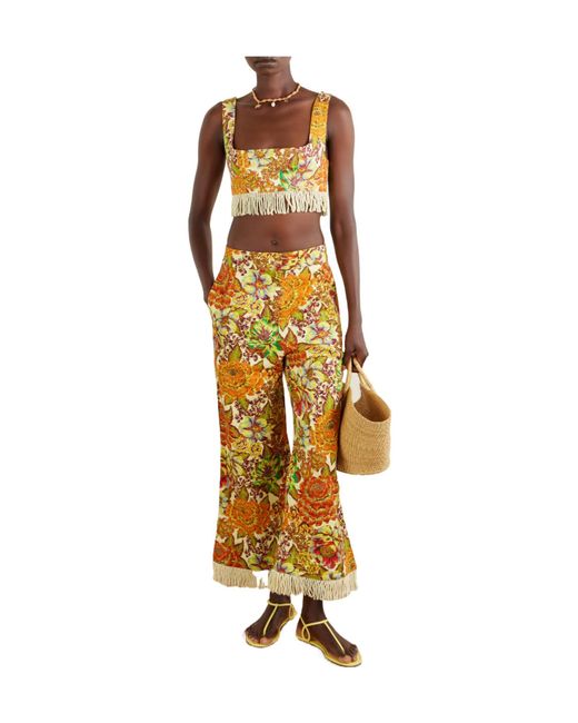 ALÉMAIS Yellow Fringed Floral-Print Linen Flared Pants