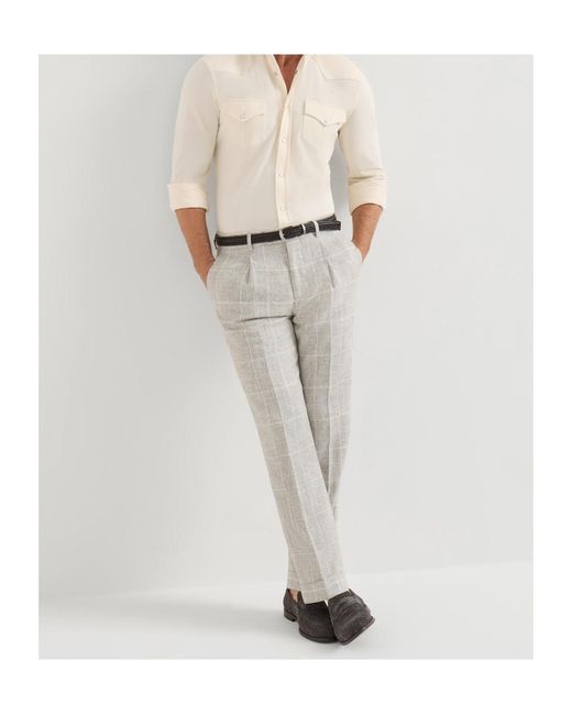 Brunello Cucinelli Gray Linen Prince Of Wales Trousers With Pleat for men