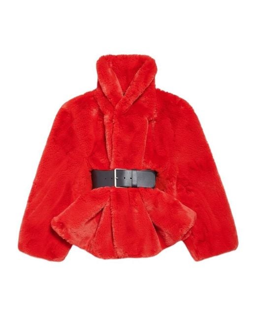 Balenciaga Red Belted Faux Fur Coat