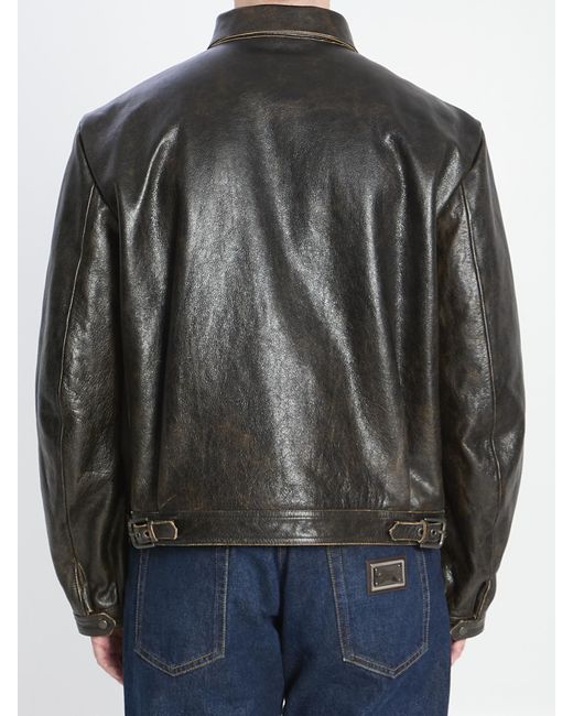 Dolce & Gabbana Gray Long Sleeve Leather Jacket for men