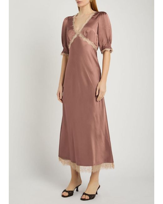 Rixo Pink Annina Lace-Embellished Satin Midi Dress