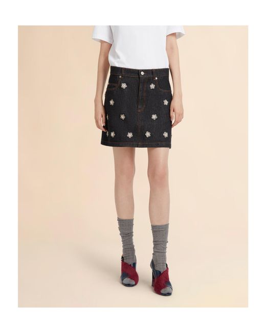Marni Black Daisy Appliqué Denim Skirt
