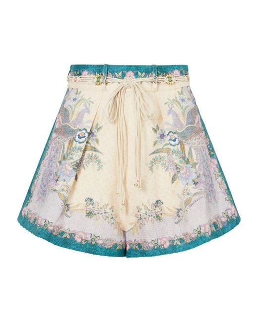 Zimmermann Natural Indra Belted Mid-Rise Floral-Print Linen Shorts