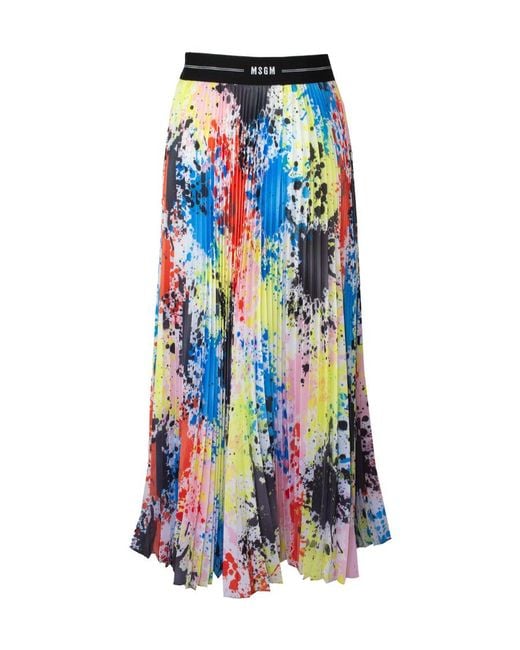 MSGM Blue Splatter-Print Pleated Midi Skirt