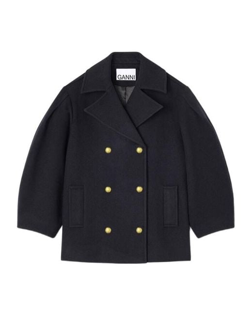 Ganni Blue Double-Breasted Oversize Coat