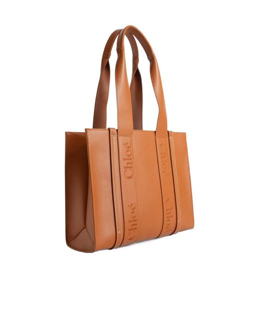 Chloé Brown Chloé Woody Logo Embroidered Medium Tote Bag