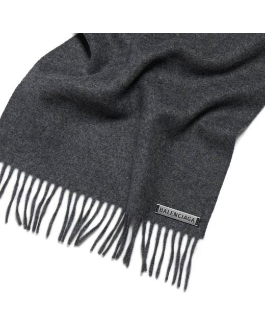 Balenciaga Gray Logo Plaque Fringed Scarf