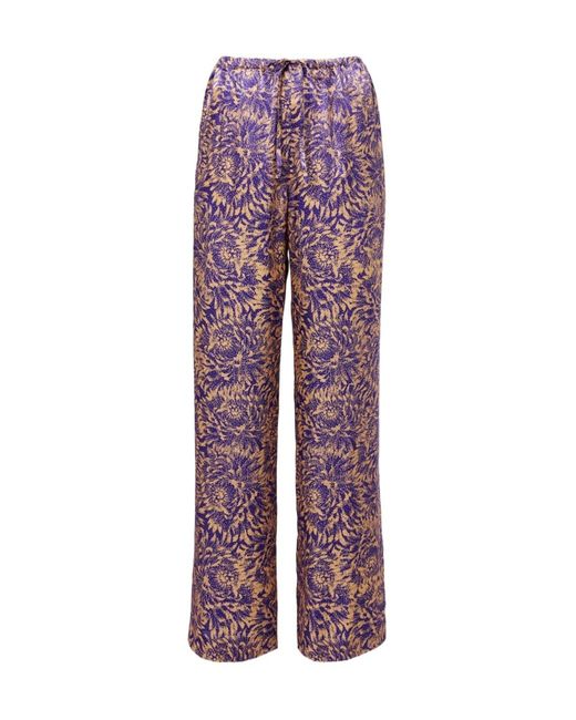 Dries Van Noten Purple Floral Silk Satin Wide-Leg Pants