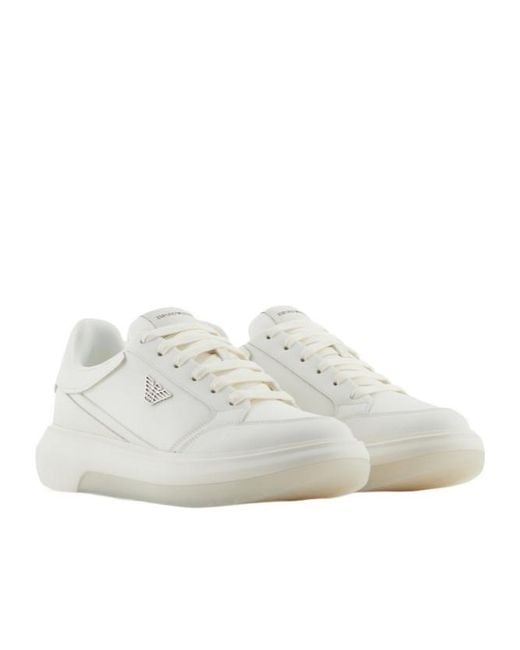 Emporio Armani White Logo Plaque Lace-Up Sneakers for men