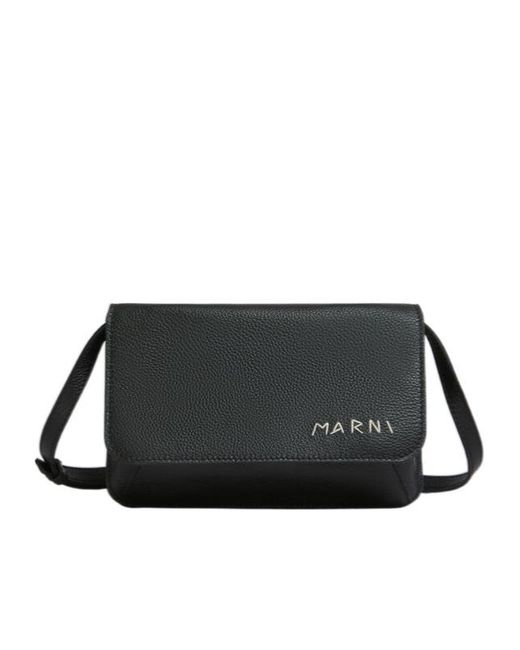 Marni Black Logo Embroidered Foldover Top Shoulder Bag