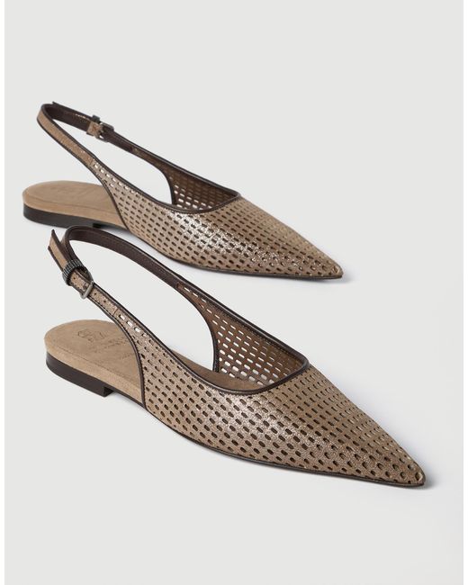 Brunello Cucinelli Brown Sparkling Leather Slingback Ballet Flats